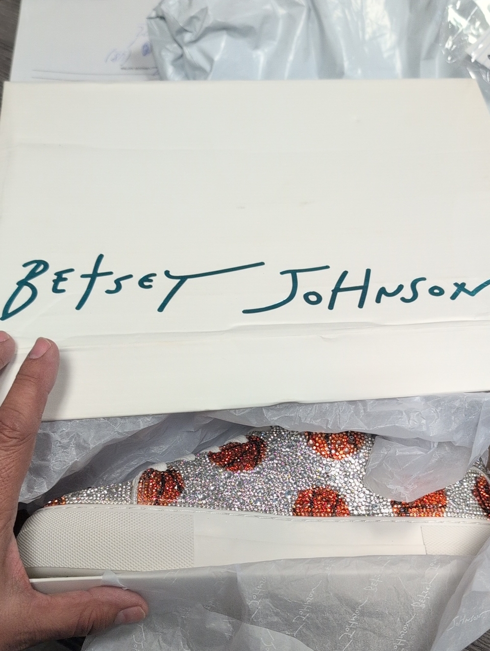 Betsey Johnson Silver Crystal Platform Sneakers with Copper Sequin Spots - Picture 7 of 8